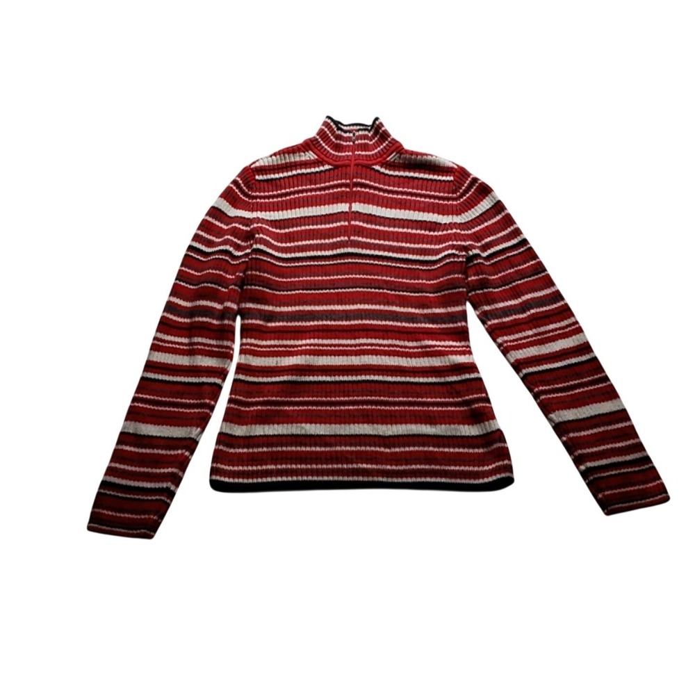 Tommy Hilfiger Sweater Womens XL Red Mock Neck Long Sleeve 1/4 Zip Striped Knit